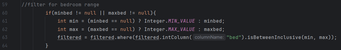 Next another table is created which is used for filtering the clean data set to what is selected on the user interface. If statements are used to determine if there’s a value within each of the filter boxes. If either min or max box is not null, then the input value replaces the null value for either one or both. the way it’s set up allows for there to be one bound while the other goes to infinity, set both upper and lower bounds, or neither bounds.
